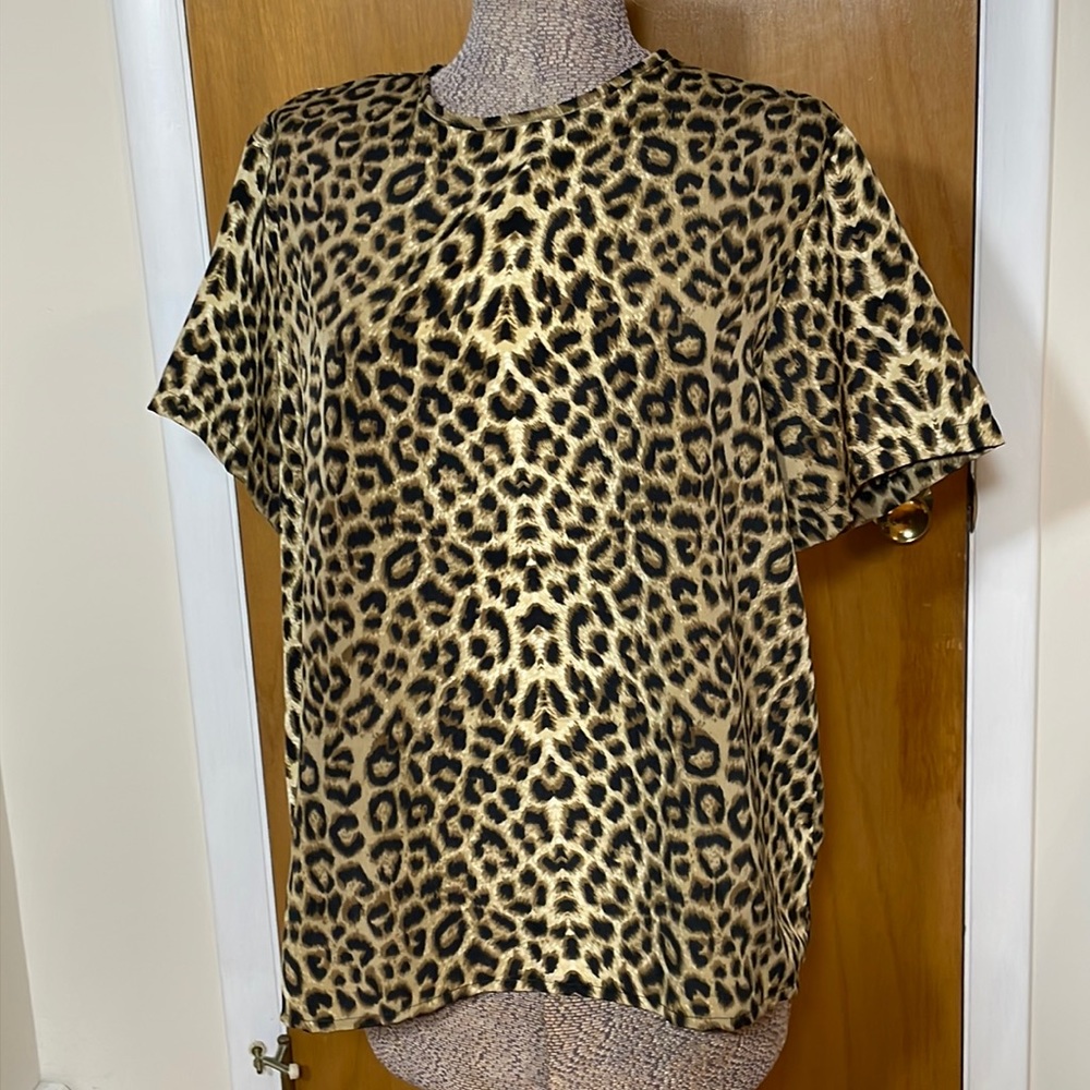 Truffles by YB Womens Large Leopard Print Short Sleeve Blouse Tan Brown